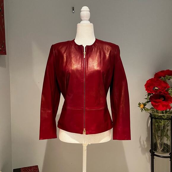 NEW Vakko Lamb Leather Classic Tailored Peplum Zip Front Collarless Jacket Red… - Picture 1 of 13